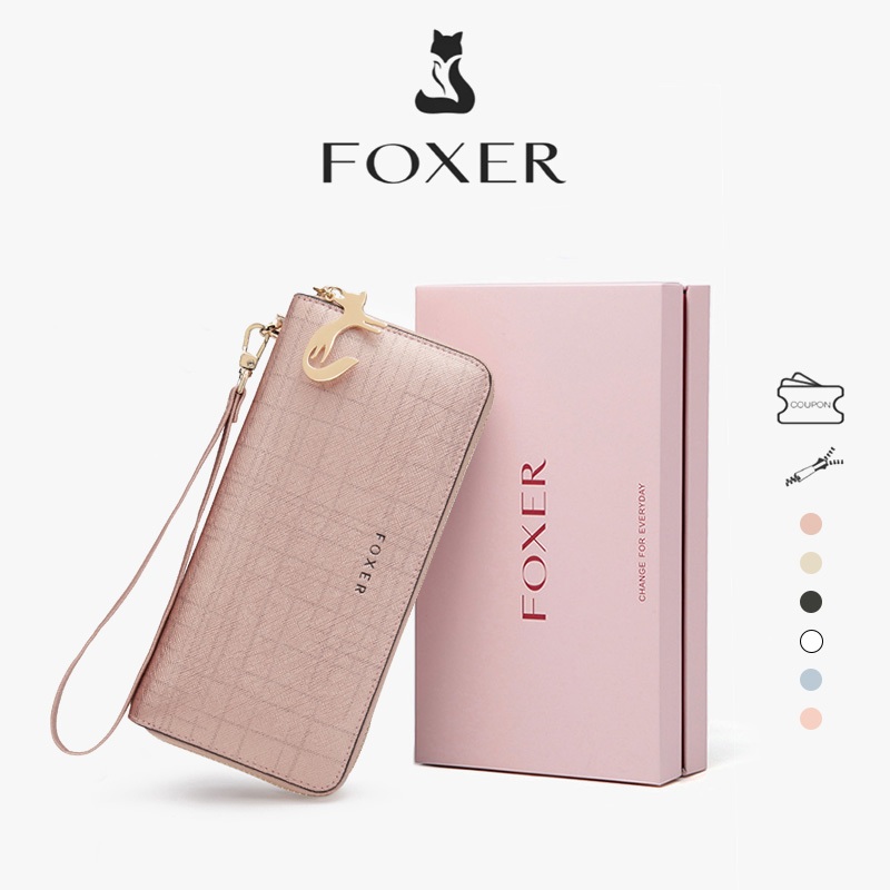 FOXER กระเป๋าสตางค์หนังผู้หญิง กระเป๋าสตางค์แบบมีซิป เรียบง่ายและมีสไตล์ กระเป๋าสตางค์แบบยาว