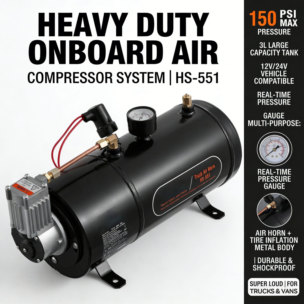 Air Horns Compressor ถังอากาศขนาด 3.6 ลิตร, 120 PSI, 12-24V เหมาะสำหรับเติมลมยางในรถกระบะ รถบรรทุก และเรือที่มีแตรลม