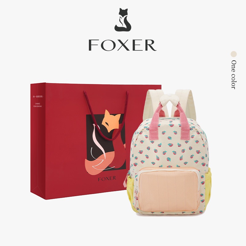 FOXER กระเป๋าเป้สะพายหลังผ้าแคนวาส ลายสตรอว์เบอร์รี่น่ารัก สไตล์วินเทจ สำหรับสตรีและนักเรียน