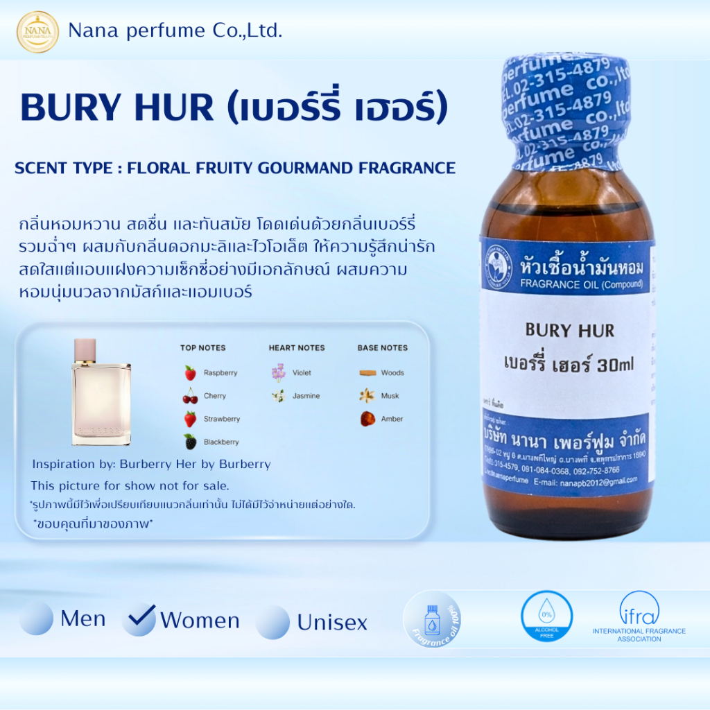หัวเชื้อน้ำหอม 100%ขนาด 30-100ML กลิ่นเบอร์รี่ เฮอร์(BURY HUR)