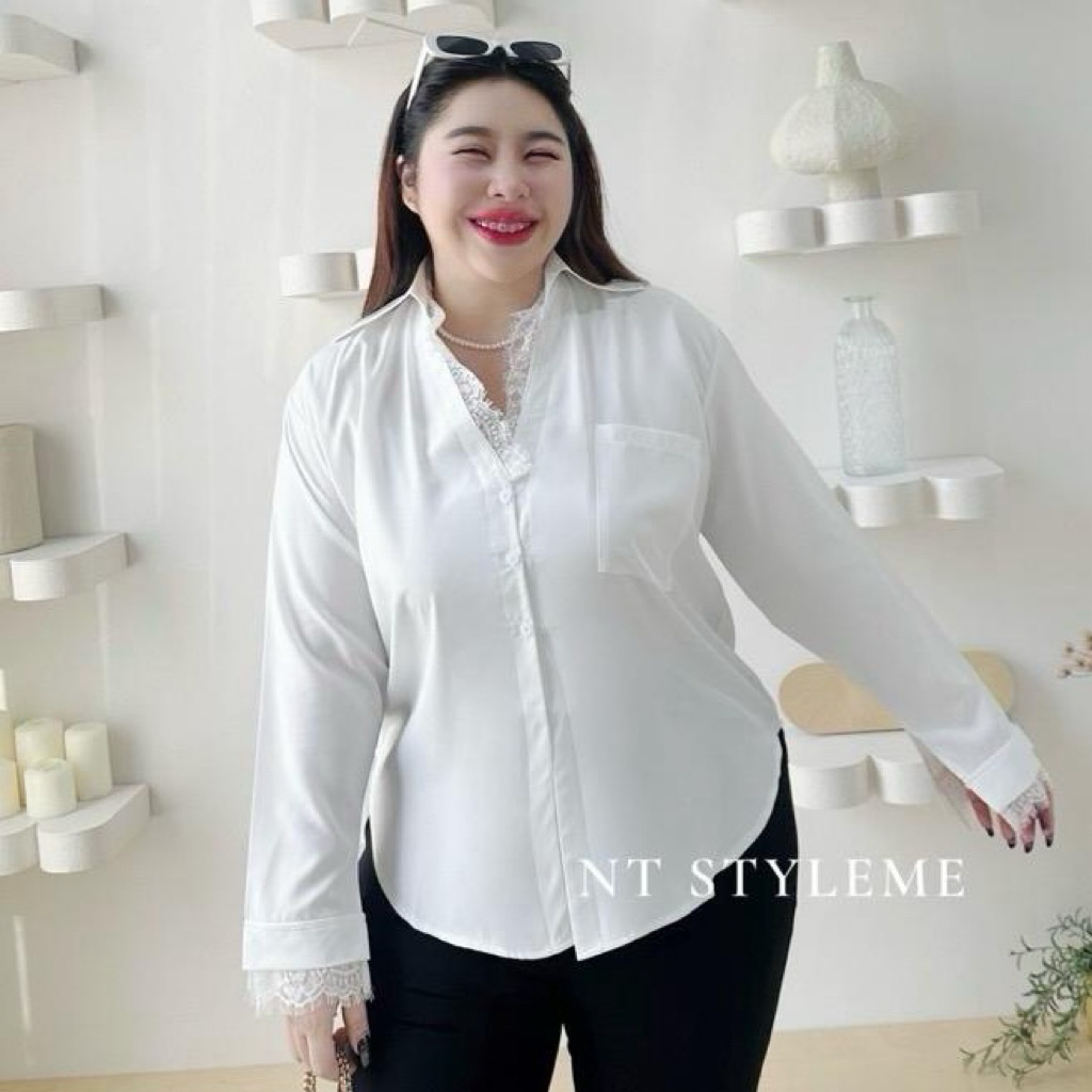 เสื้อเชิ้ตคอปกB+แต่งชายลูกไม้ (สาวอวบอ้วน อก48-52“)