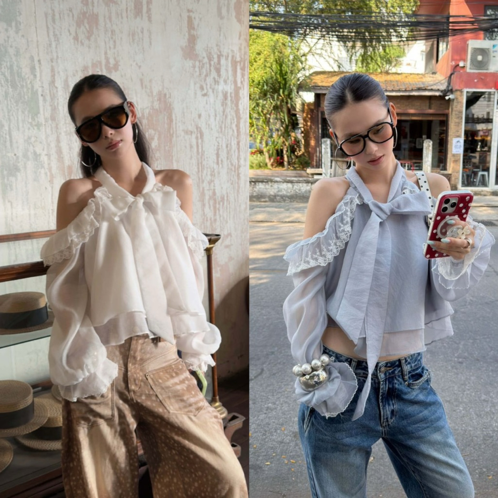 📍พร้อมส่ง เทา📍26C018 su018🇰🇷เสื้อแขนยาว แต่งเปิดไหล่ แต่งเชือกมัดโบว์ และแต่งผ้าลูกไม้ งานน่ารักมากๆ Tag MMfish🇰🇷