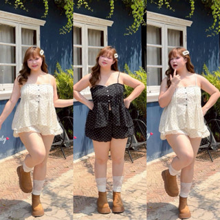 ✅✅/FB/ ชุดเซ็ตลายจุดเลิฟลี่ ไซส์อก38-50 เสื้อสายเดี่ยวจับจีบ…