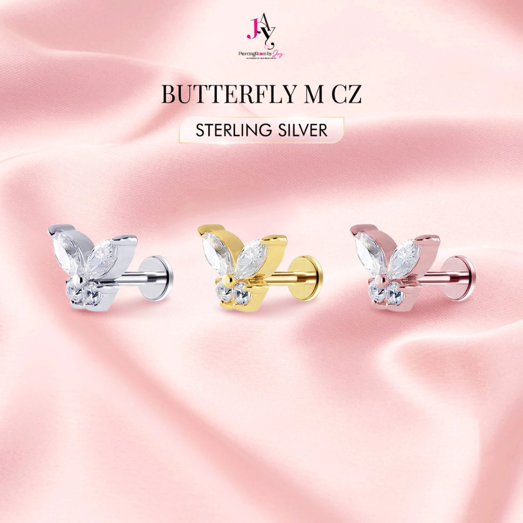 Piercingroom by Jay จิว/ต่างหูสำหรับผิวแพ้ง่าย Butterfly M CZ แป้นแบน เงินแท้ (ราคาต่อชิ้น)