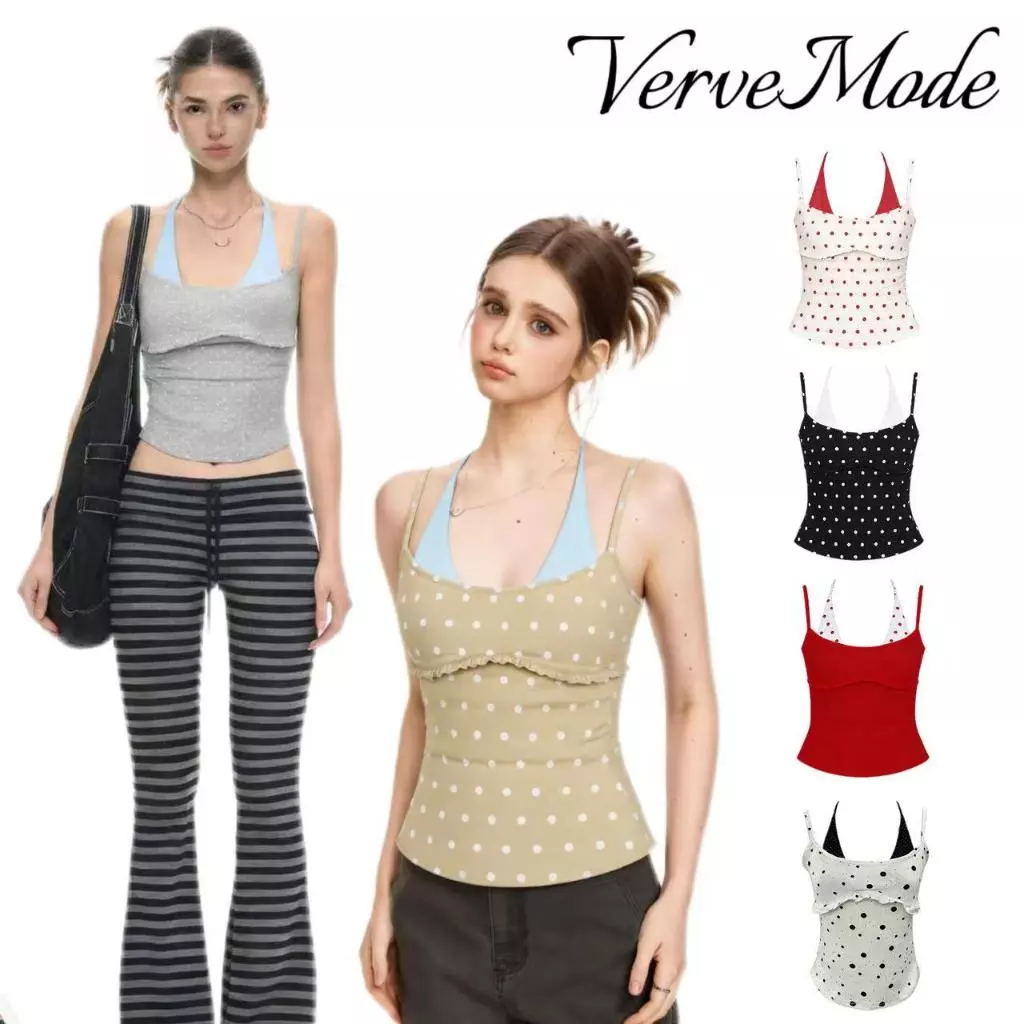 VerveMode.🍓เสื้อกล้ามสายเดี่ยวทรงเข้ารูป ดีไซน์คล้องคอ ลุคเลเยอร์เหมือนใส่สองชิ้นในตัวเดียว ใส่แมทช์ง่าย เหมาะกับหน้าร้