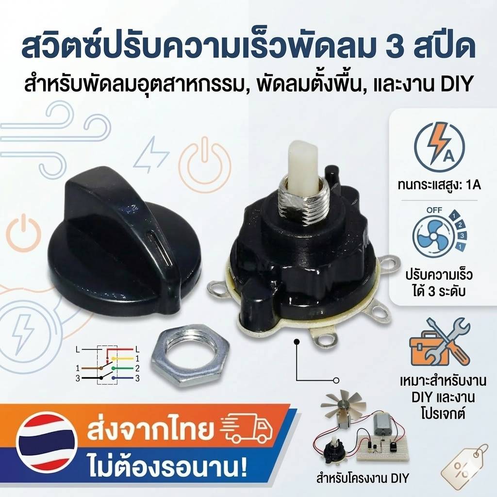 สวิตช์พัดลม 3 สปีด อะไหล่พัดลม (OFF-1-2-3) สำหรับพัดลมอุตสาหกรรม พัดลมตั้งพื้น และงาน DIY ทนกระแส 1A พร้อมส่งจากไทย