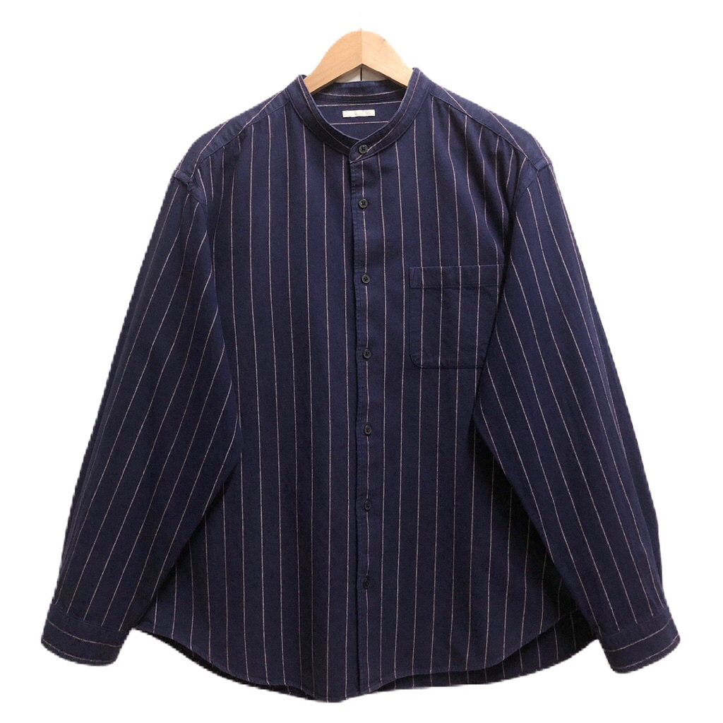 GU เสื้อเชิ้ตชาย คอจีน แขนยาว สีโทนกรม ลายริ้ว ป้าย XL มือสอง