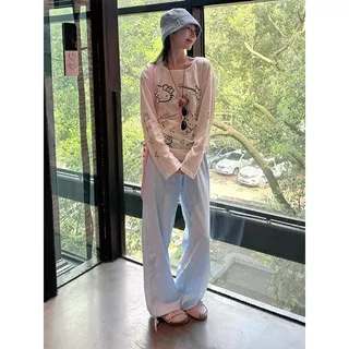 เสื้อยืดแขนยาวผ้าโปร่งบางเบาพิมพ์ลายแมวน่ารักสำหรับผู้หญิง ทรงหลวมใส่สบายในฤดูร้อน ปกป้องผิวจากแสงแดด