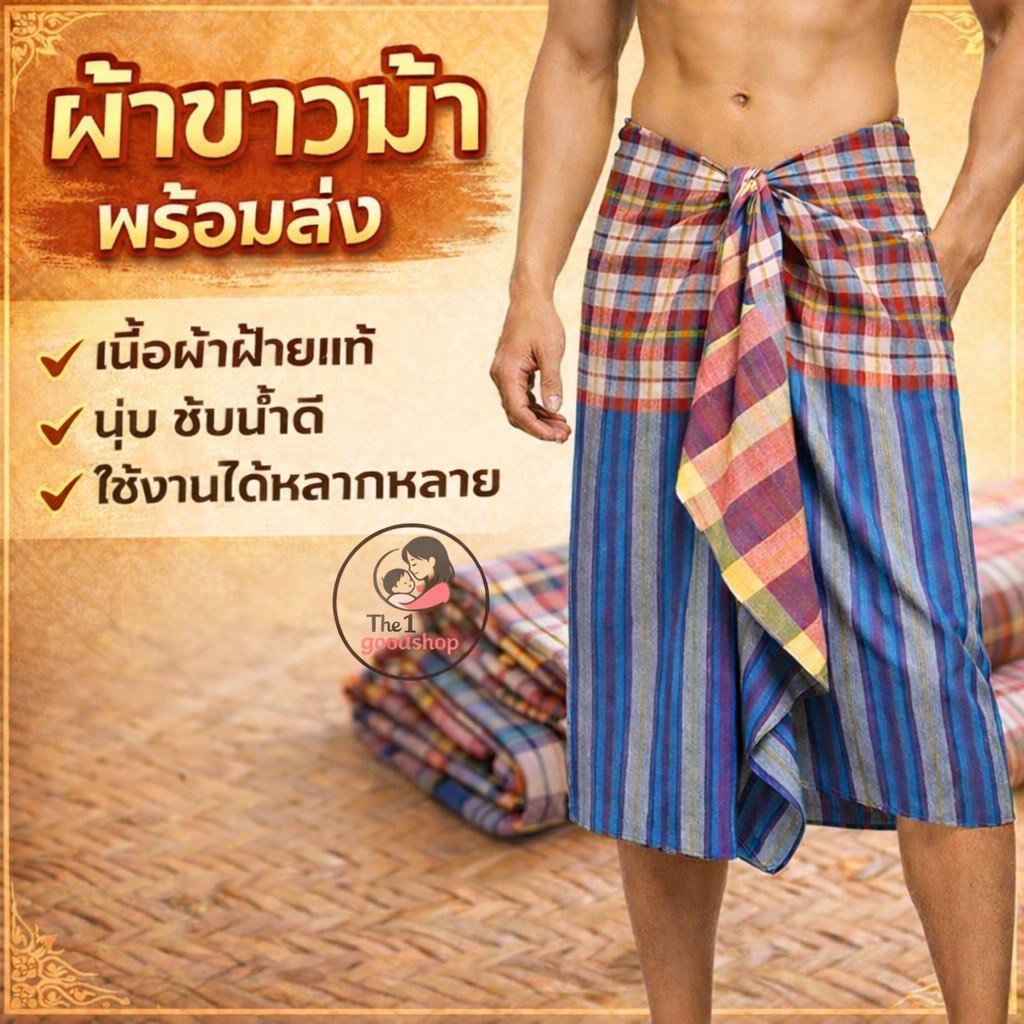 Goodshop ผ้าขาวม้า เย็บขอบทุกผืน ผ้ายิ่งซักยิ่งนุ่ม สีไม่ตก ขนาด 75*180 cm ผืนใหญ่