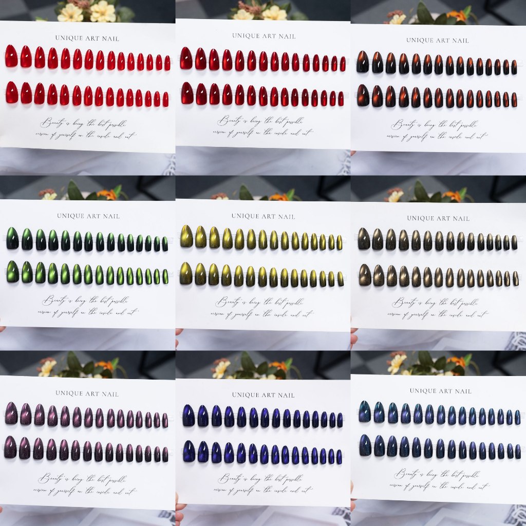 เล็บสำเร็จรูปทรงอัลมอลล์ยาวกลาง งานฟรีไซส์กล่อง 30 ชิ้นงานสีลูกแก้วแคทอายเงาเล่นแสงสวยมาก