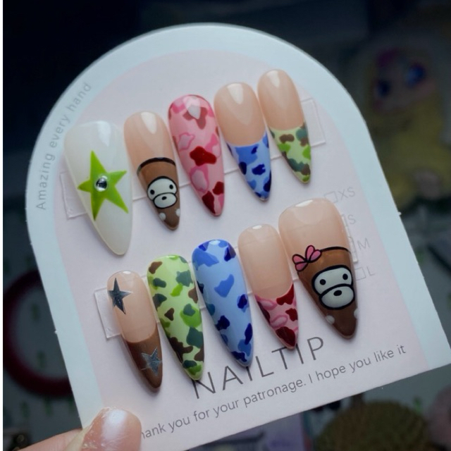 BAPE Nail เล็บปลอมสำเร็จรูป ลาย BAPE เปลี่ยนทรงเล็บได้ งาน Handmade แถมอุปกรณ์ติดทุกชุด