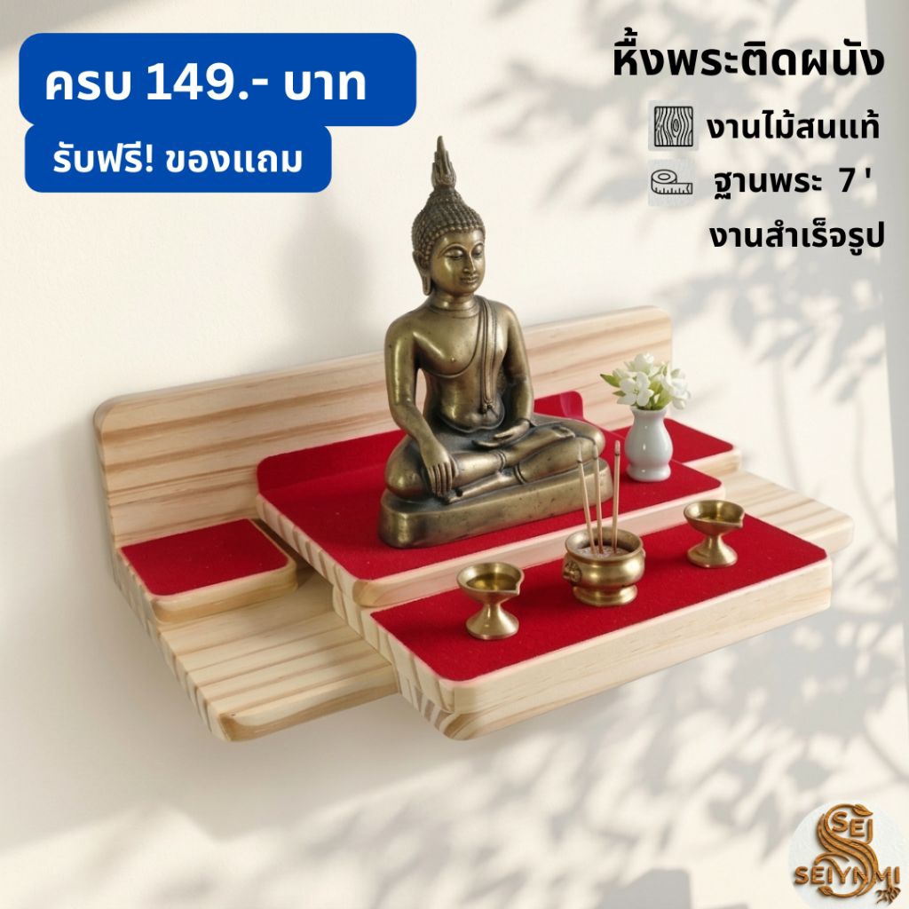 หิ้งพระตืดผนังไม้สนนอกแท้ ไม้จริง 100% ติดผนัง มินิมอล วางพระ 7 นิ้ว แข็งแรง ติดตั้งง่าย