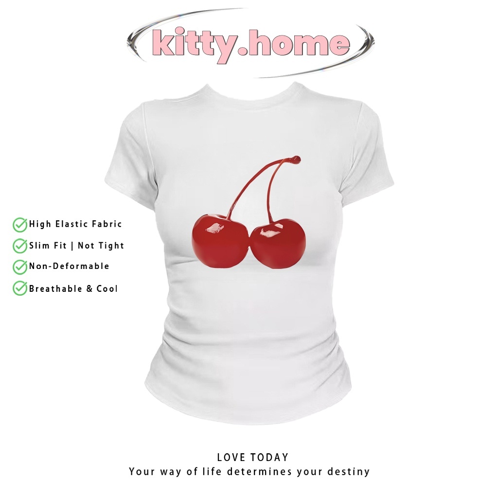 จัดส่งภายใน 24 ชั่วโมง เสื้อครอปท็อป babytee สไตล์เกาหลี y2k ลายเชอร์รี | เสื้อยืดสาวอวบ ตัวสวย ผ้ายืดหยุ่นสูง | ไซส์