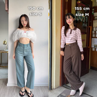 playwork.store | 150cm lux กางเกงขายาว เอวสูง ผ้าลื่นพริ้ว ทิ้งตัว ติดกระดุม ความยาว37นิ้ว [playwork.store](002-กระดุม)