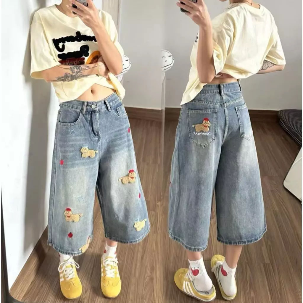 Swan shop (ไชด์S-4XL)กางเกงยีนส์ขากว้างผู้หญิง ลายปักน้องหมาน่ารัก เอวสูง ผ้าเดนิมแฟชั่น