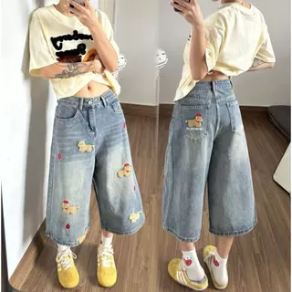 Swan shop (ไชด์S-4XL)กางเกงยีนส์ขากว้างผู้หญิง ลายปักน้องหมาน่ารัก เอวสูง ผ้าเดนิมแฟชั่น
