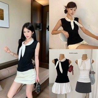 เสื้อแขนกุดผ้ายืดแต่งผ้าลายจุดช่วงคอรุ่น 8813 TAG WG.WE 🇰🇷