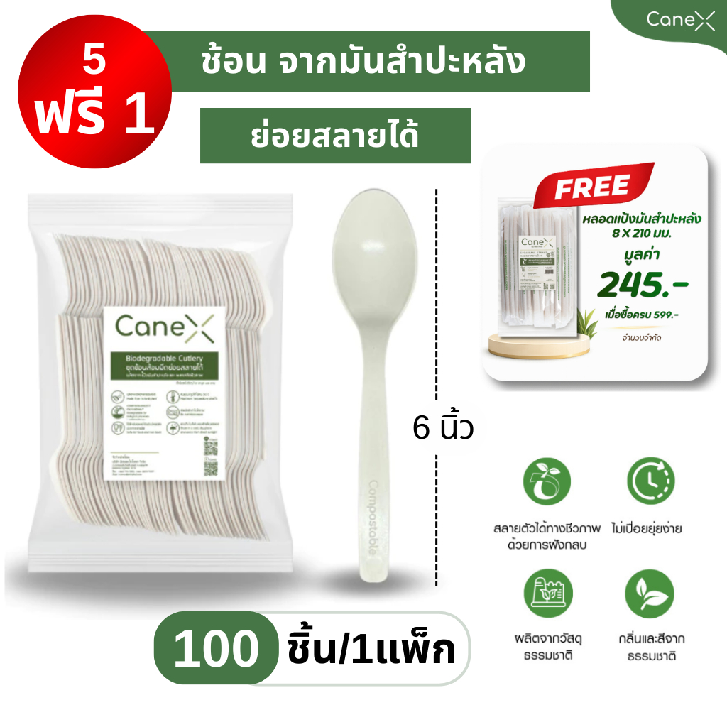 (โปร 5 แถม 1) ช้อนรักษ์โลก ย่อยสลายได้100% (100ชิ้น/แพ็ก) ขนาด 6 นิ้ว ปลอดภัย จับถนัดมือ ช้อนไบโอ ช้อนย่อยสลายได้