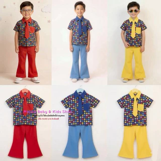 พร้อมส่ง ชุดแหยมเด็กผู้ชายลายจุด เซ็ต 3 ชิ้น (เสื้อ+กางเกง+เนคไท) ชุดย้อนยุค ชุดใส่เทศกาลสงกรานต์