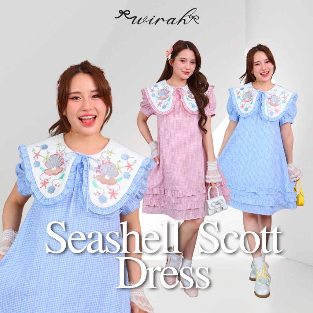 DW287 Seashell Scott Dress ขุดเดรสผ้าทอสก็อตเนื้อผ้านิ่ม ปกปักลายน้องท้องทะเล
