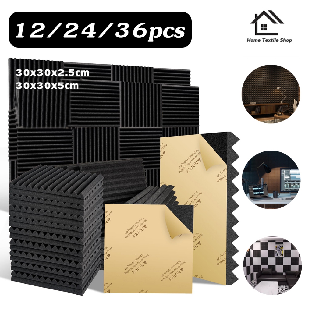 (12/24/36pcs) แผ่นซับเสียงกาวในตัว 30*30*5cm กันเสียงได้ 100% แผงโฟมอะคูสติก แผ่นกันเสียง สำหรับสตูดิโอ