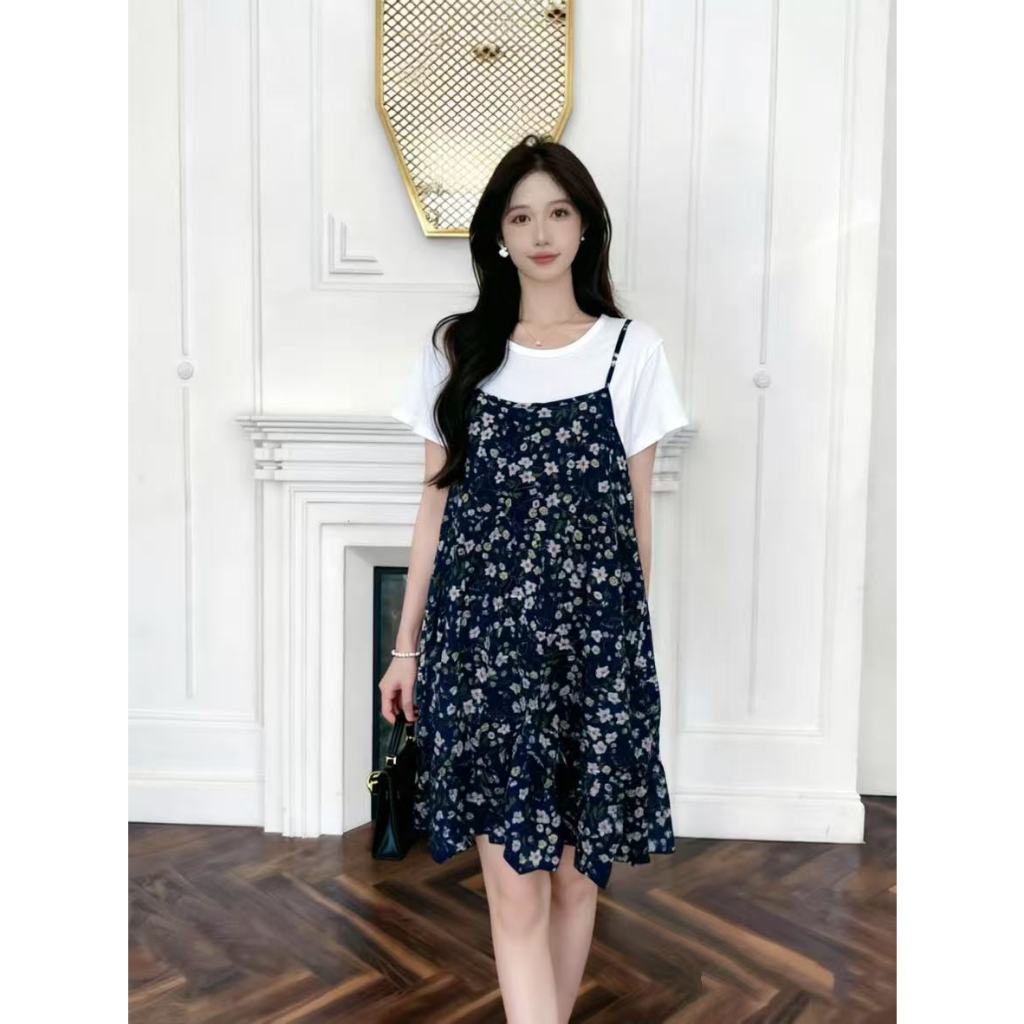 ชุดแซทเดรสชีฟองลายดอก+เสื้อยืดขาว ได้ทั้งชุด ใส่แยกได้ เนื้อนิ่มดีใส่สบาย HQ*D