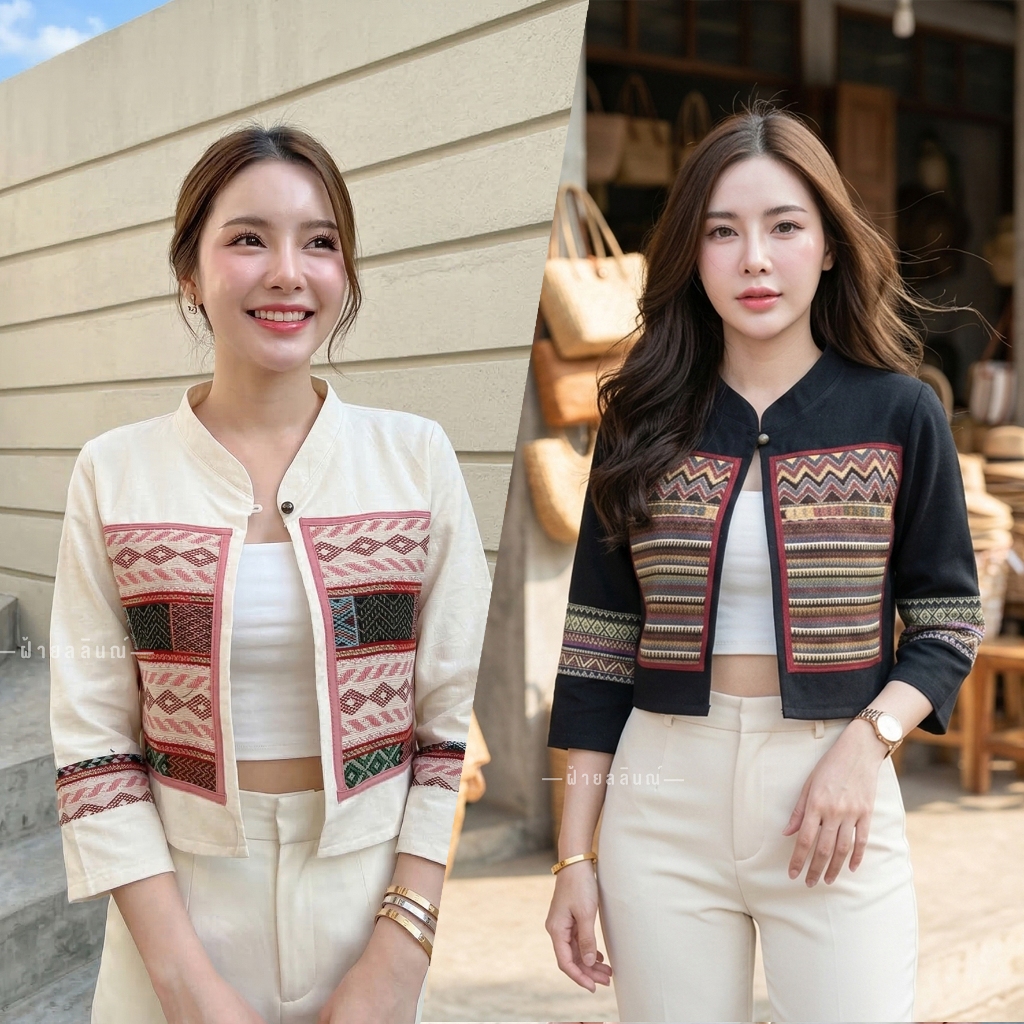 เสื้อคลุมครอปผ้าฝ้ายคอจีนแต่งลายผ้าทอ