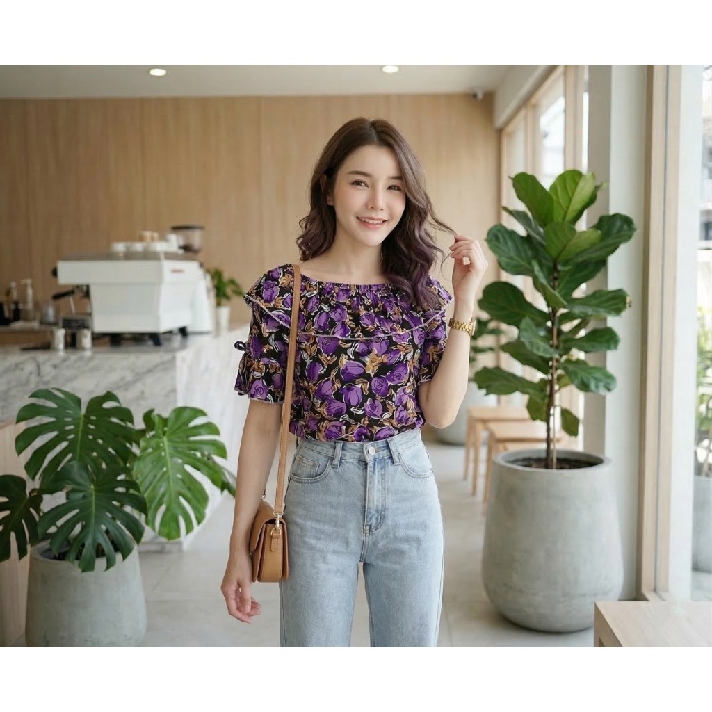 🇹🇭 เสื้อลายดอกกุหลาบปกพลีทรอบ 🔴ส่งไว🔴⚡ 👉เก็บโค้ดหน้ากิจกรรม โค้ดลด 30% สูงสุด 150.-