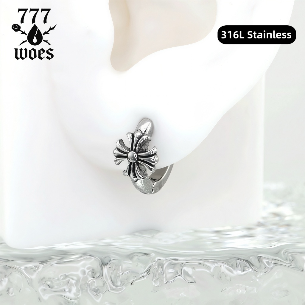 777WOESต่างหูห่วงไม้กางเขนสีเงินหูกระดูกอ่อนสไตล์โกธิคอัลเทอร์เนทีฟvintagechromehearts