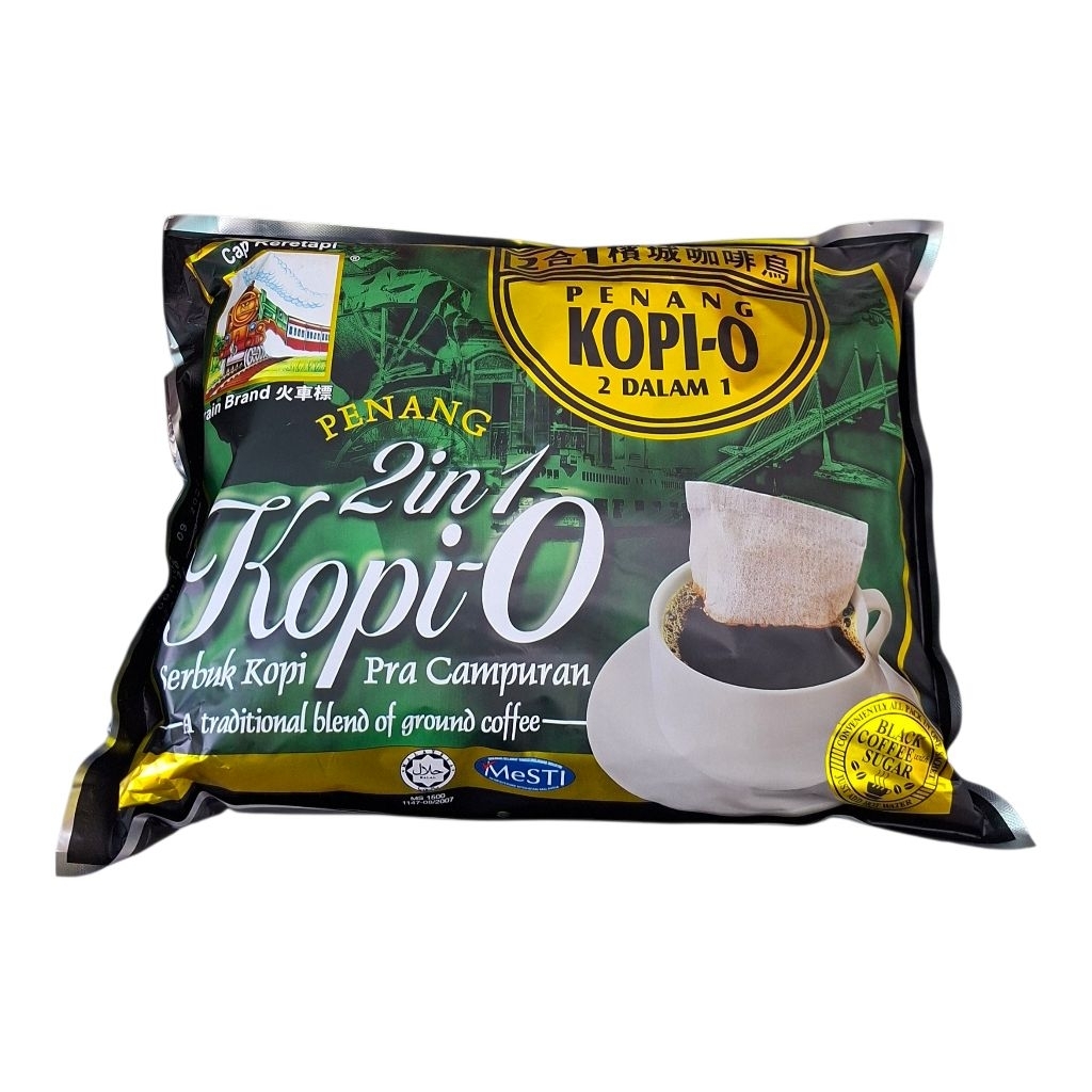 Penang Kopi-O 2 in 1 ตรา Cap Keretapi (Train Brand) ซึ่งเป็นกาแฟดำถุงแช่แบบดั้งเดิมสไตล์ปีนัง ประเทศ