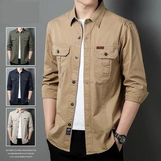 เสื้อเชิ้ตผู้ชายแขนยาว ผ้าคอตตอน ทรงพอดี กระเป๋าคู่ สไตล์ลำลอง ใส่ทำงานหรือเที่ยวได้ หลายสี[COD]