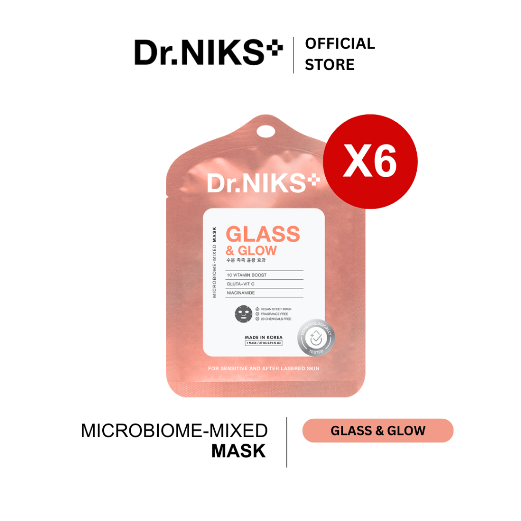 [SET 6 ชิ้น] Dr.NIKS กลาสแอนด์โกลว์ไมโครไบโอม-มิกซ์มาสก์ 27ml ดร.นิกส์ สูตรหน้าฉ่ำ ผิวโกลว์