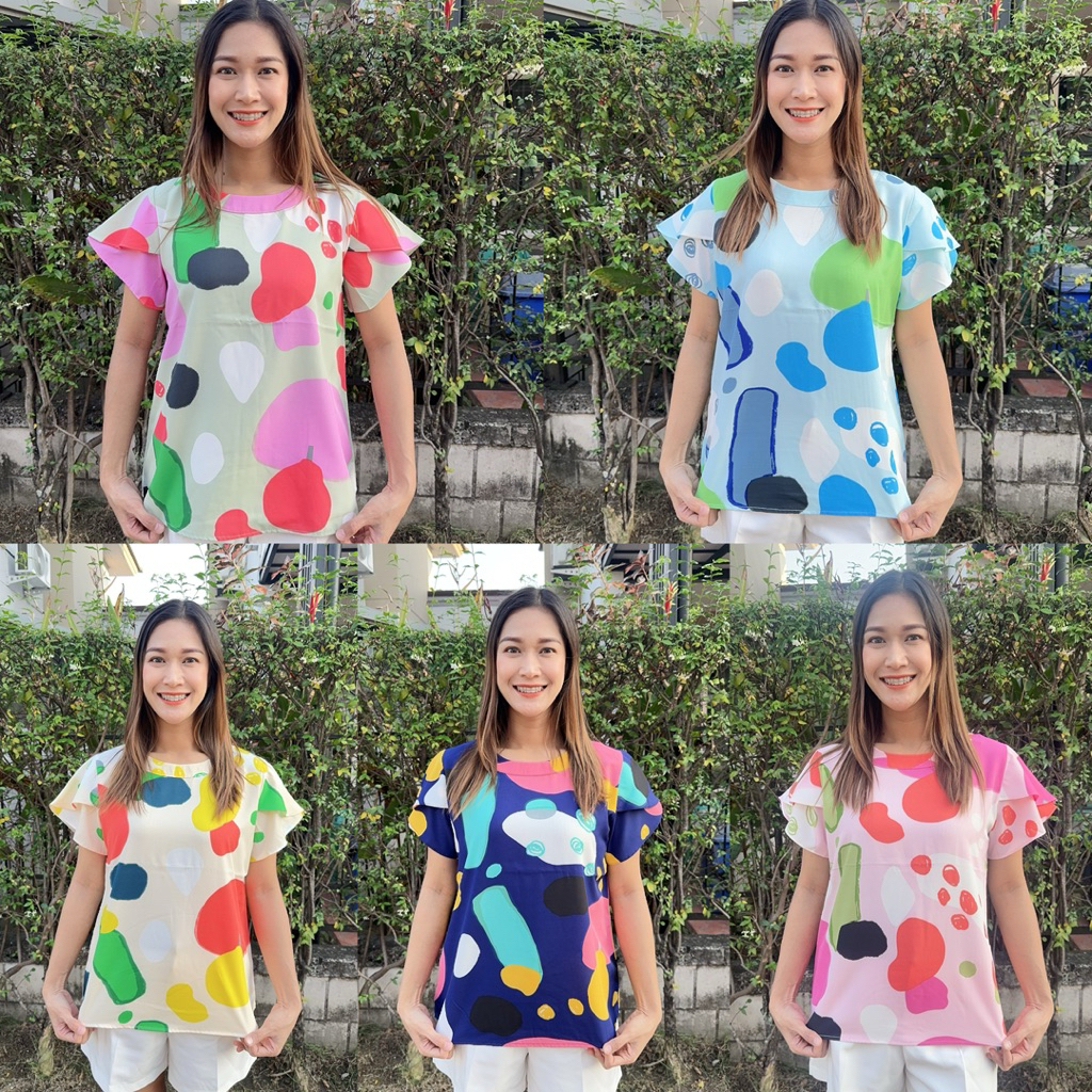 เสื้อแขนกลีบบัว สีสันสวยๆ ลายสวยๆ ผ้าไหมอิตาลี อก 40-50 นิ้ว
