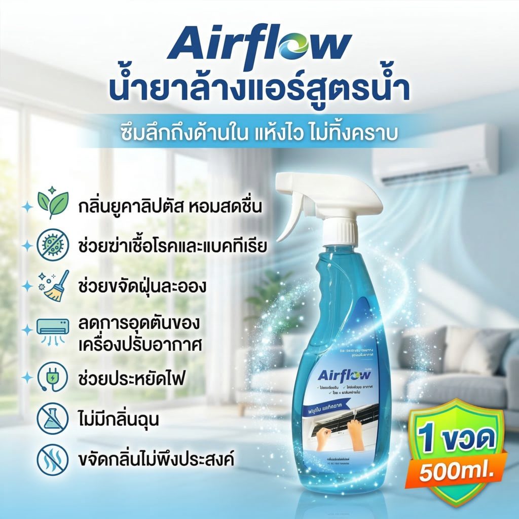 Air Flow [1 ขวด] น้ำยาล้างแอร์ 3in1 ไม่ต้องล้างน้ำออก ช่วยทำความสะอาด ฆ่าเชื้อแบคทีเรีย ช่วยดับกลิ่น