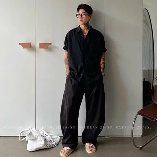 กางเกงขายาวผู้ชาย ขากว้างทรง Curved เอวหลวม ผ้าเบาใส่สบาย สไตล์อเมริกัน แฟชั่นลำลอง