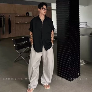 กางเกงขายาวผู้ชาย ขากว้างทรง Curved เอวหลวม ผ้าเบาใส่สบาย สไตล์อเมริกัน แฟชั่นลำลอง