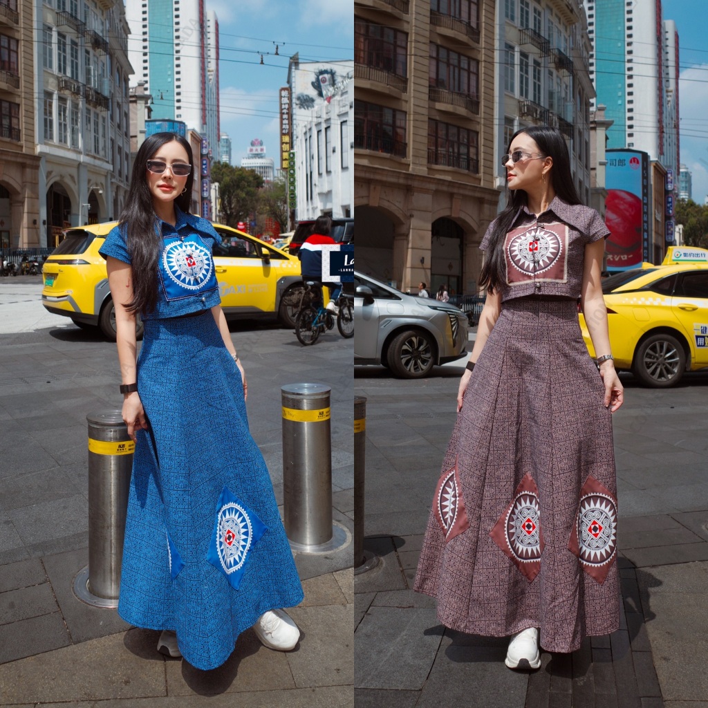 เซ็ทเขียนเทียนลายก้นหอยเสื้อคอปกและกระโปรงทรง6ชิ้นผ้าโพลี่เอสเตอร์พิมพ์ลาย
