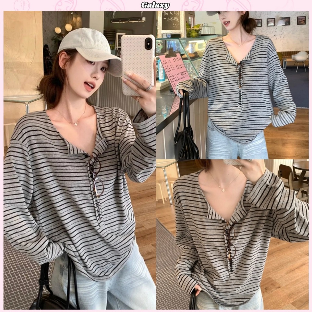 เสื้อแขนยาวผู้หญิง เสื้อลายทาง ทรงหลวม แฟชั่น ใส่สบาย แมทช์ง่ายมาก กันแดด #020424