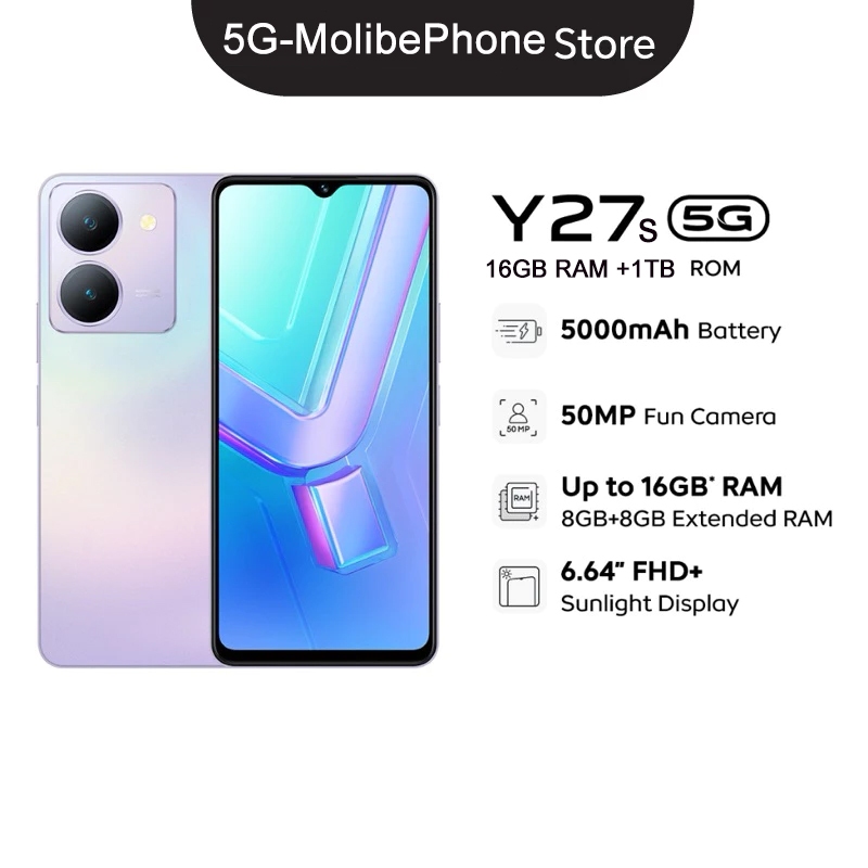 smartphone Y27S 5G (16GB+1TB) 6.64นิ้ว 90Hz กล้อง 50MP AI แบตเตอรี่ 5000mAh ประกัน 12 เดือน