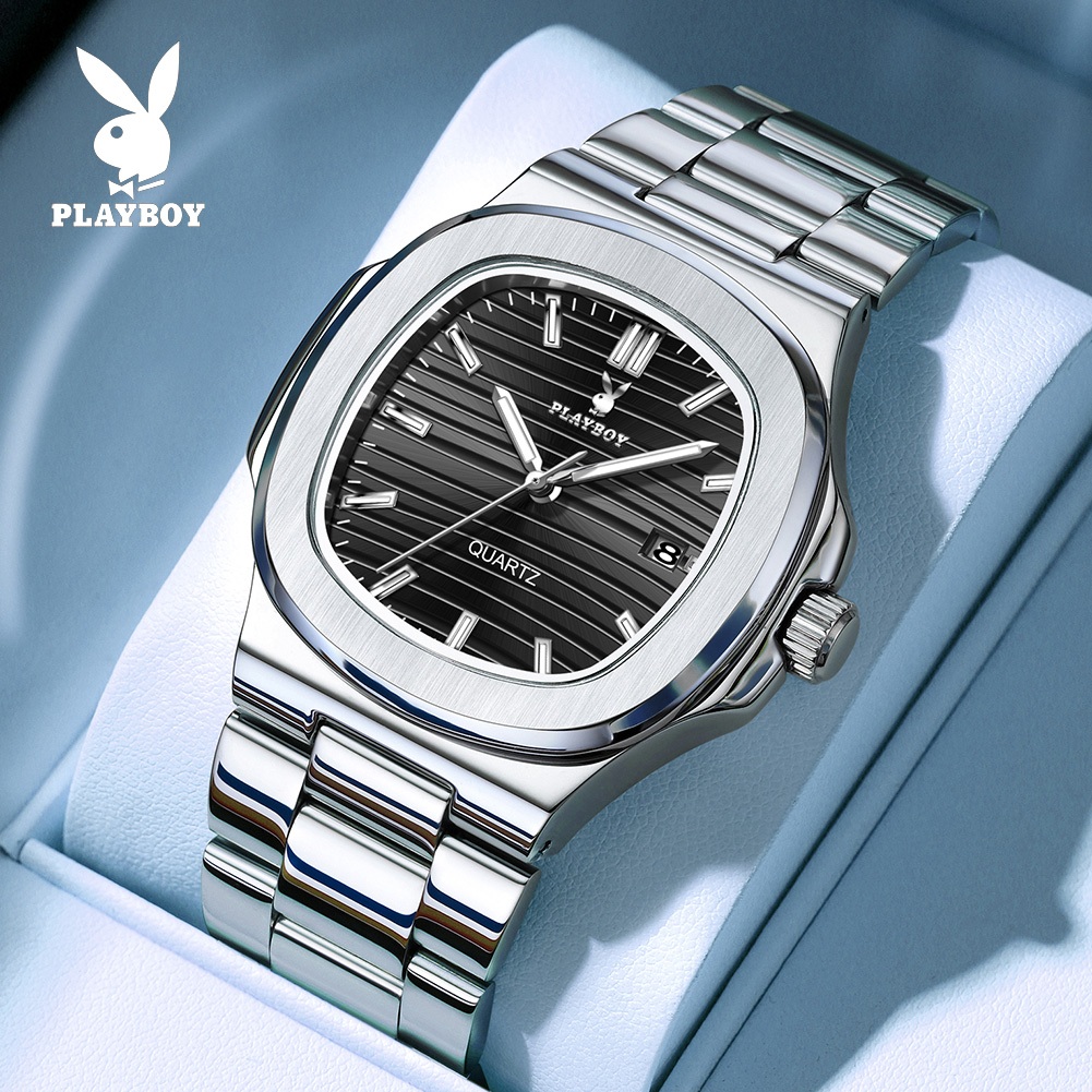 PLAYBOY ผู้ชาย นาฬิกา ของแท้ ควอตซ์ สายสเตนเลส วันที่ แสงกลางคืน ธุรกิจ พักผ่อน 3530