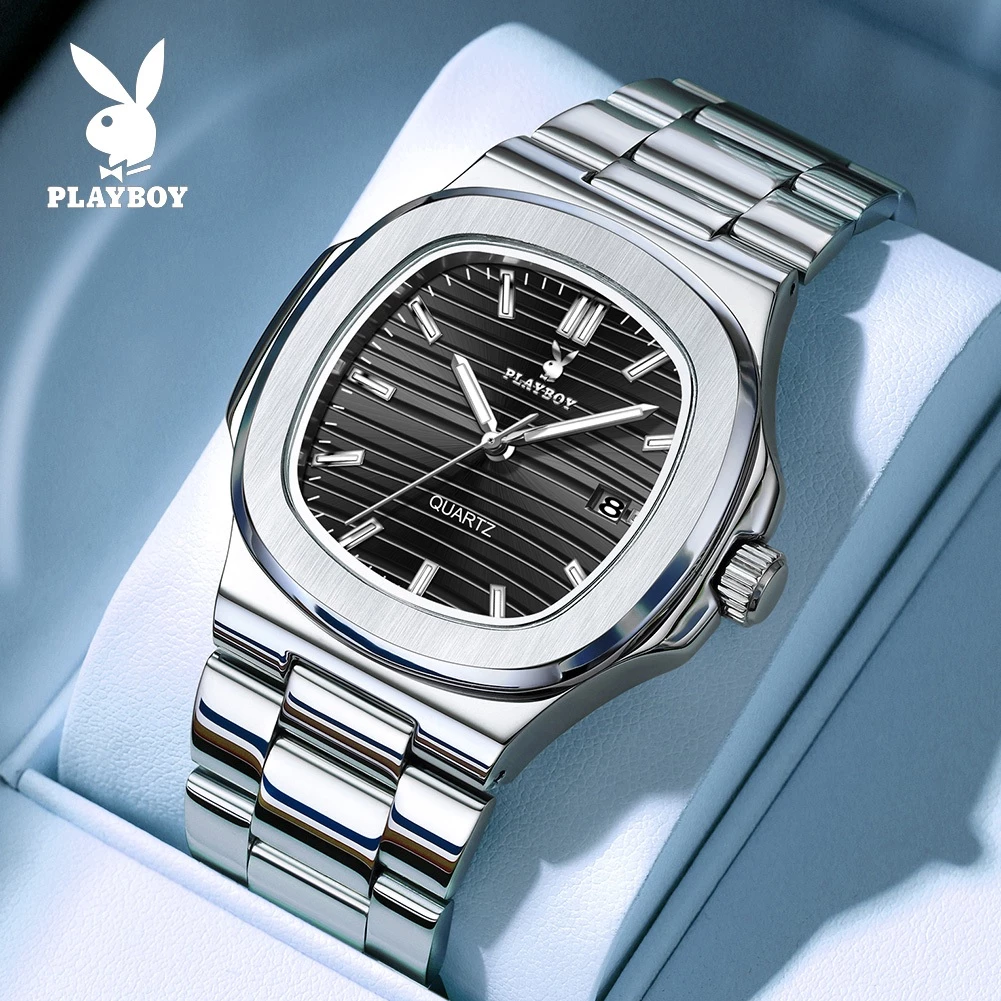 PLAYBOY ผู้ชาย นาฬิกา ของแท้ ควอตซ์ สายสเตนเลส วันที่ แสงกลางคืน ธุรกิจ พักผ่อน 3530