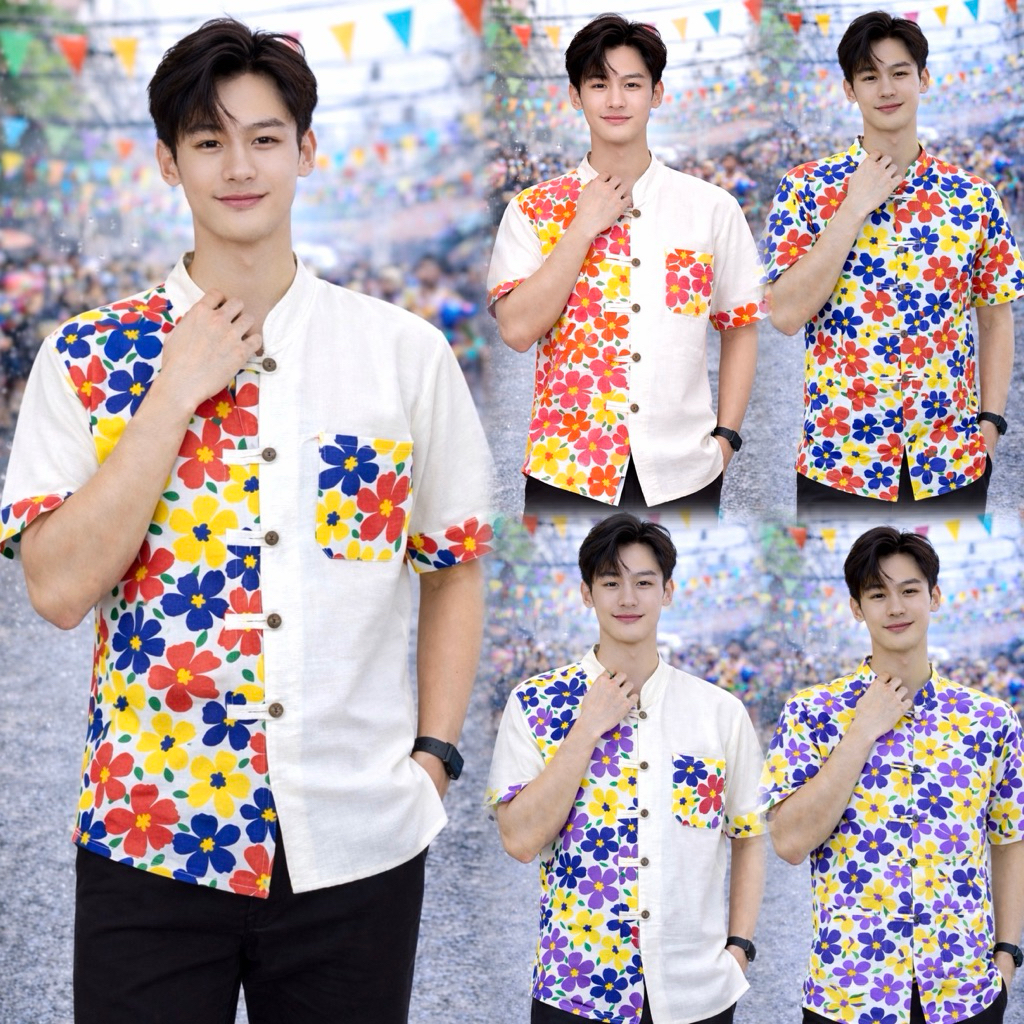 เสื้อลายดอกสงกรานต์ผู้ชาย รวม6แบบ (พร้อมส่งจากเชียงราย)