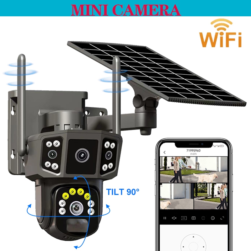 ส่งฟรี V380 4G-WIFI Camera 12MP 6K 18LED Solar Cell กล้องวงจรปิดใส่ซิม-ไวไฟ โซลาร์เซลล์ 12ล้านพิกเซล กล้อง2เลนส์3จอ