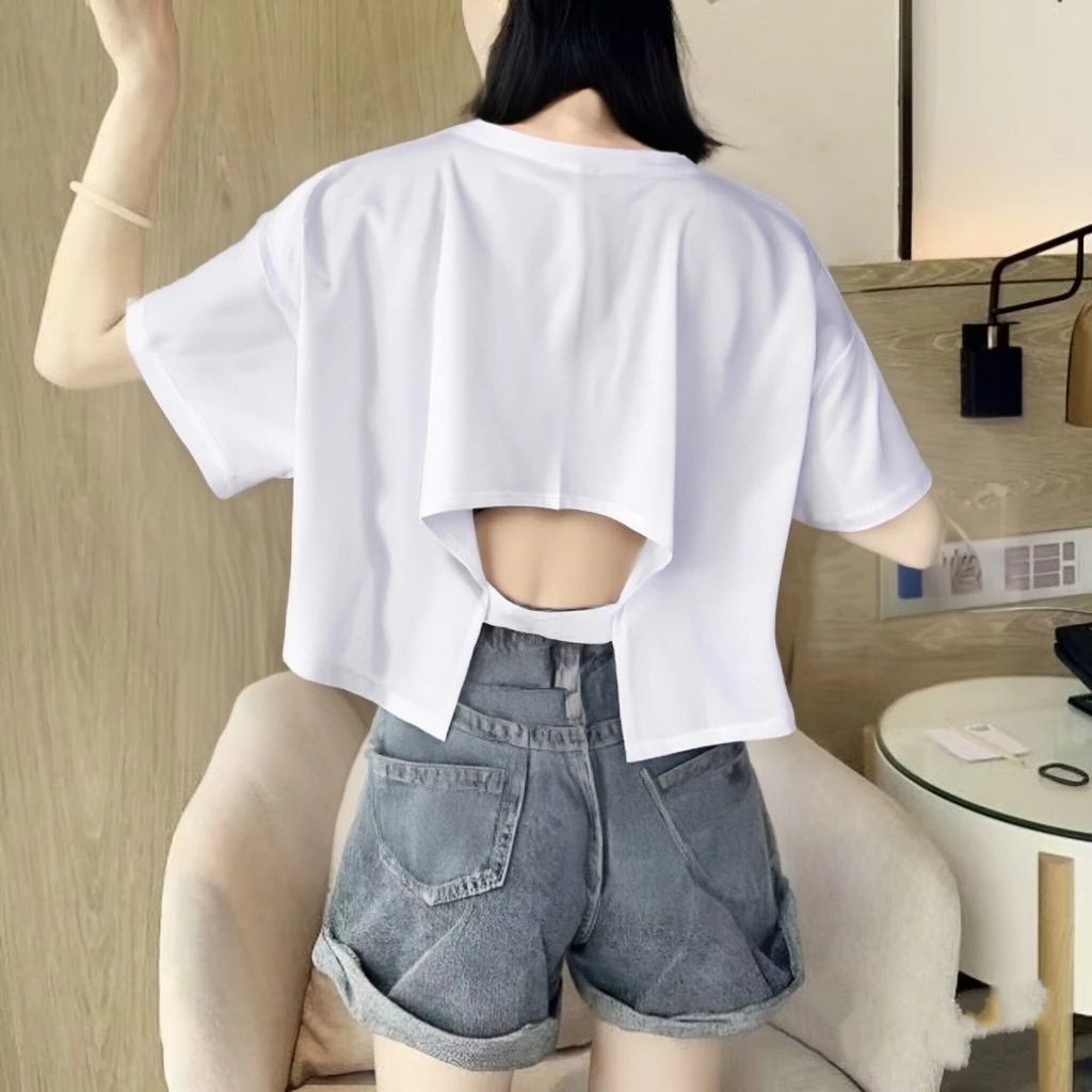 เสื้อครอปสาวอวบไซส์ใหญ่สวยๆ oversize เสื้อผ้าแฟชั่นวัยรุ่นน่ารัก เสื้อยืดเปลือยหลังผู้หญิงฤดูร้อนใหม่ ทรงหลวมสไตล์เกาหลี thumbnail 8