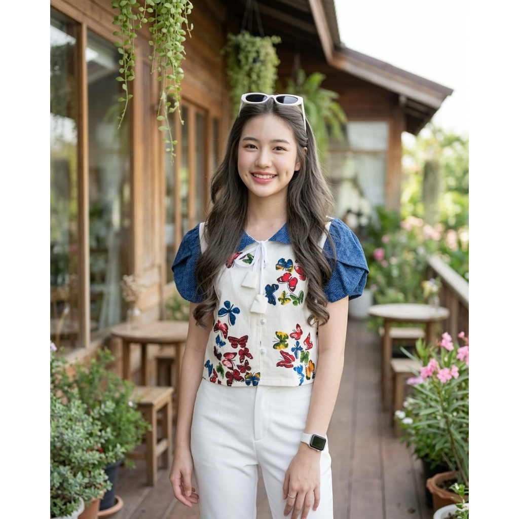 เสื้อพื้นเมืองผู้หญิงคอบัวแขนกลีบบัวแบบสายผูกโบว์ ลายผีเสื้อหลากสี