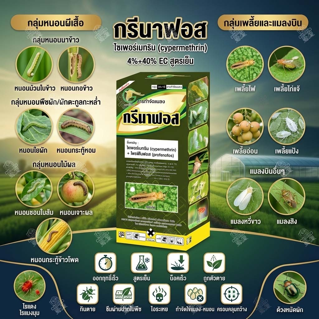 กรีนาฟอส 1 ลิตร ‼️12 ขวด‼️สูตรเย็น 3 พลังบวก ไซเพอร์เมทริน+โพรฟีโนฟอส กำจัดหนอนใยผัก หนอนเจาะ เพลี้ย