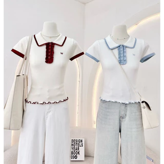 WA YA เสื้อไหมพรมเข้ารูปกระดุมอกแต่งระบาย