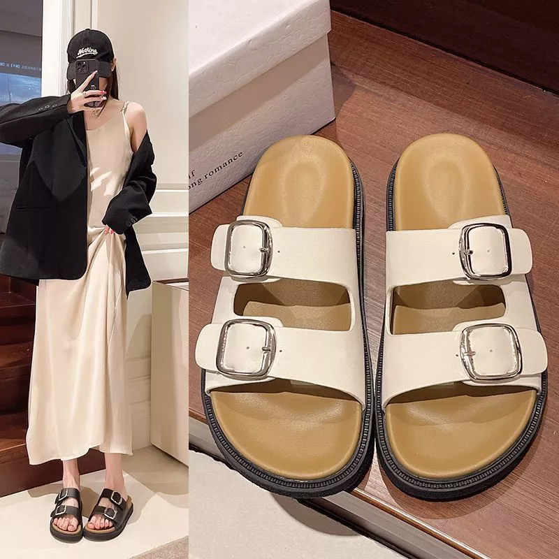 Double Buckle Boken รองเท้าแตะ Anti Slip สวมด้านนอกแฟชั่นหนึ่งร้อยรองเท้าแตะ