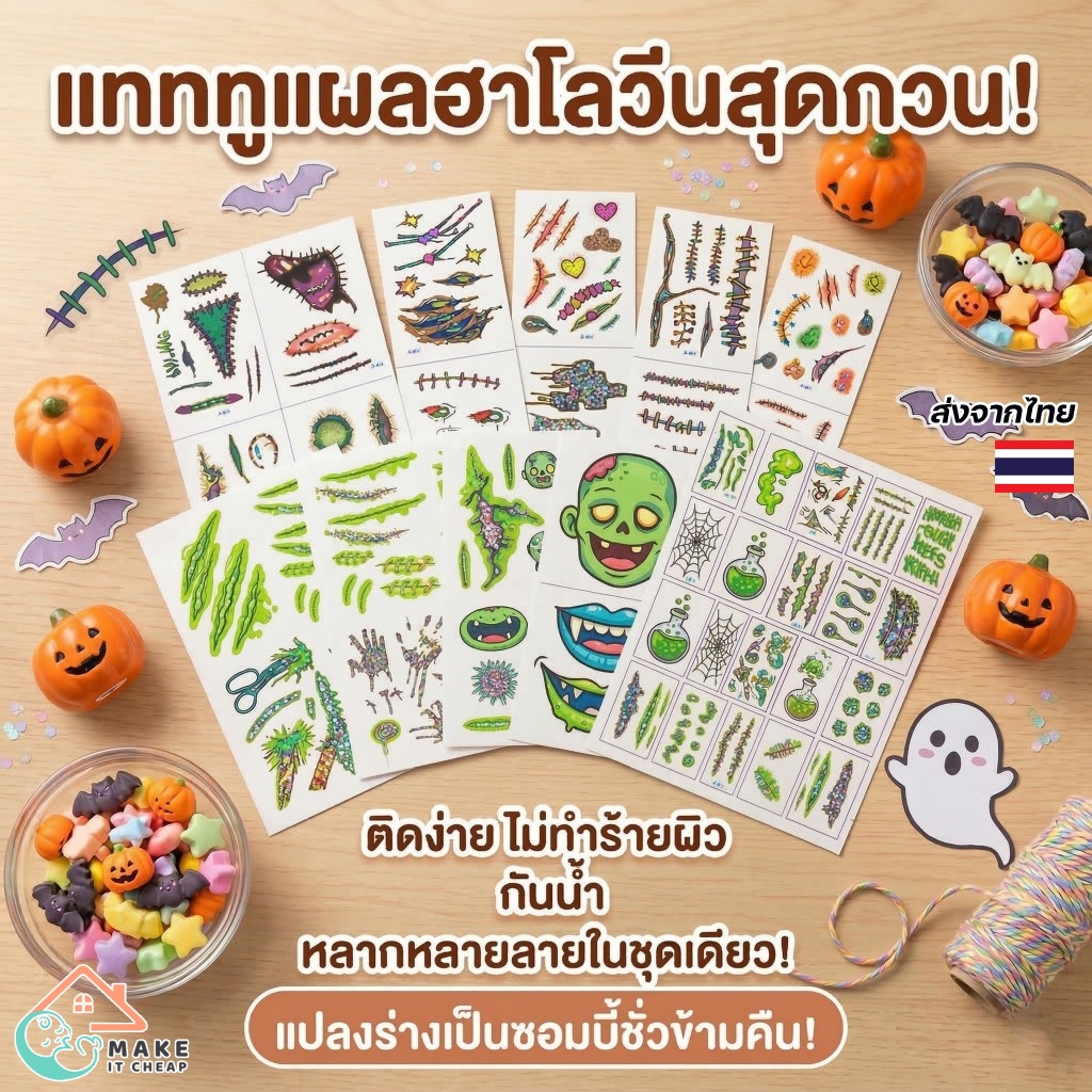 สติกเกอร์รอยสักบาดแผล ลายแผลเป็นเลือด เหมาะสำหรับการแต่งหน้าฮาโลวีนและปาร์ตี้สุดหลอน halloween แทททูเรืองแสง tattoo