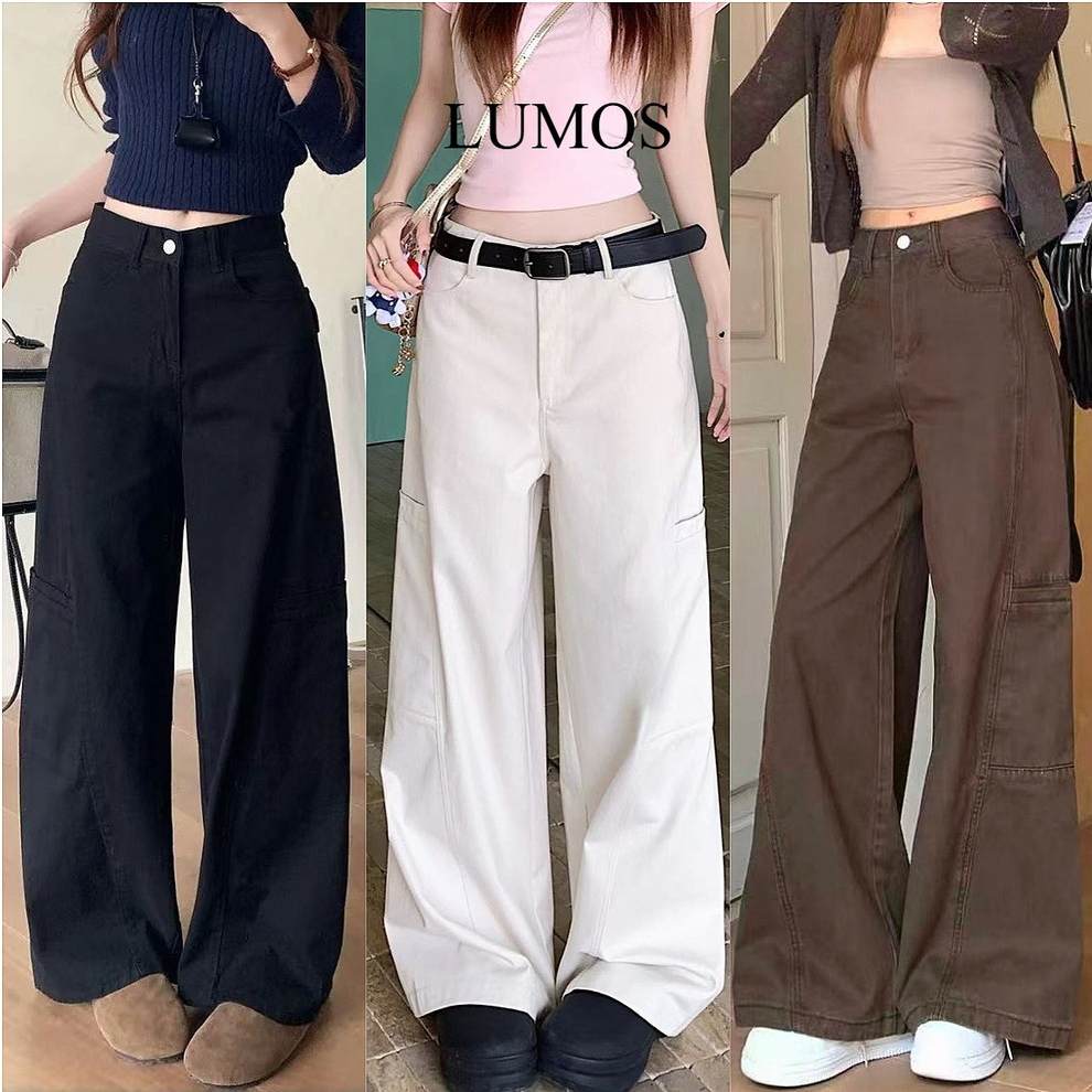 LUMOS  👖กางเกงยีนส์สไตล์งานช่างทรงหลวม กางเกงลำลองสีขาว คาราเมล สีชมพู สีดำ ใส่ได้กับทุกชุด#Jeans